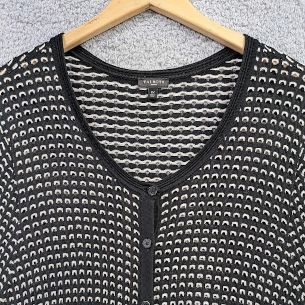 Talbots Open Knit Cardigan Black White 2X Sweater Plus Long Sleeve Button Up - Picture 2 of 11